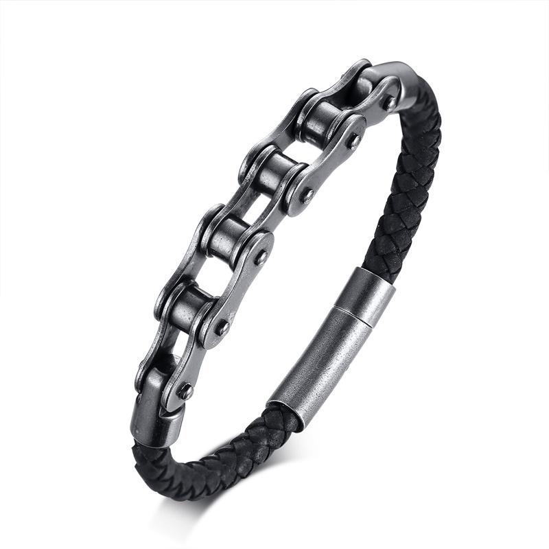 

Mingao Man Bracelet Stainless Steel Bicycle Chain Leather Bracelet European and American Style Retro Black Men Braclet Friends