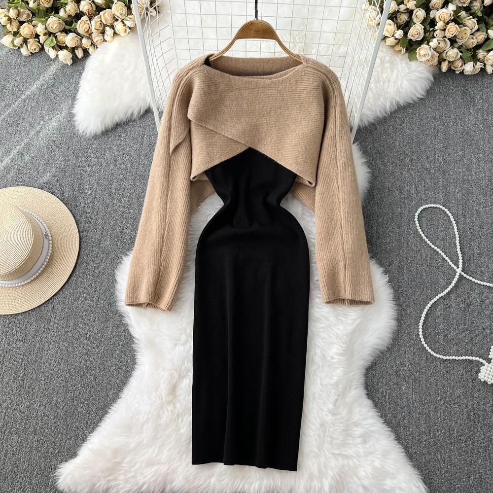 Fashion Suit Skirt Women's Casual Round Neck Half-cut Knitted Blouse Top Two-piece Set Korean Version Temperament Suspender Dress
