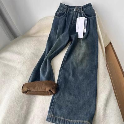 Verdickte High-Waist Plissee Weitbeinjeans für Damen im Winter Neue Amerikanische Retro Lockere Schlankmachende Gerade Hose