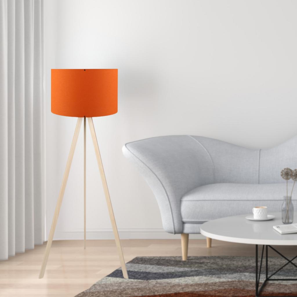 Pratik Ahşap Krem Tripod Ayaklı Turuncu Başlıklı Lambader Oturma Odası Salon Köşe Lambası