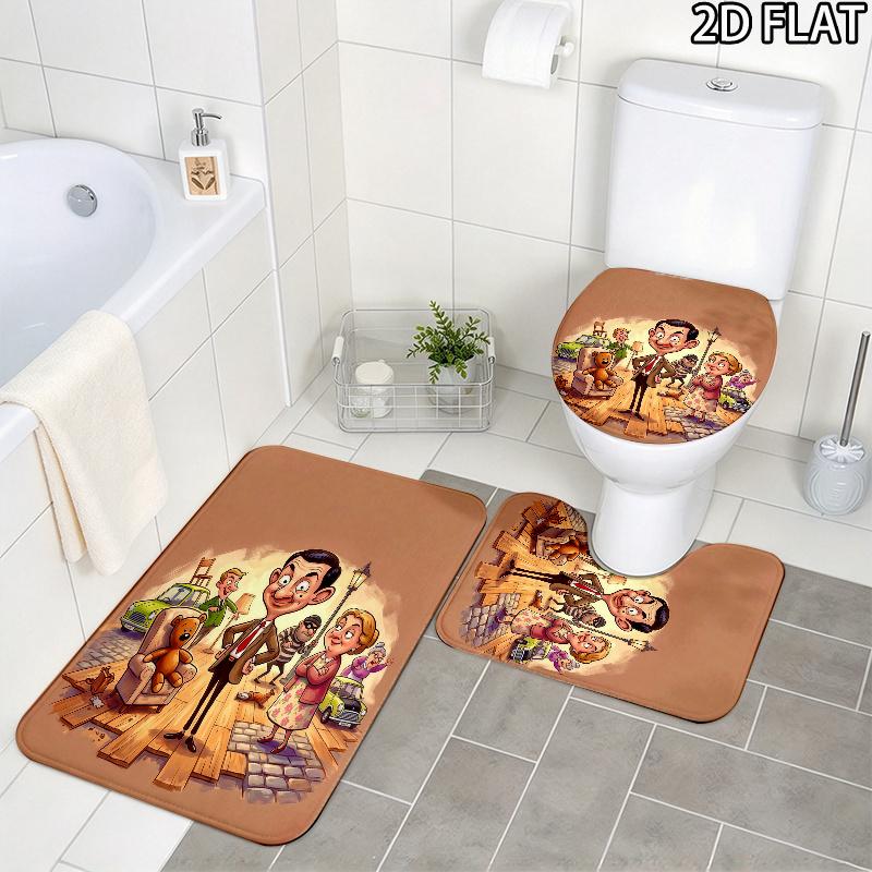 3pcs Mr. Bean Pattern Flannel Nonslip Absorbent Washable Decorative Bathroom Home Toilet Seat Cover Mat