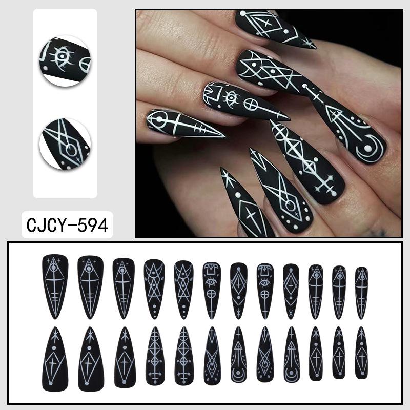 Halloween Style Black Retro Stripe Long False Nail Tips - 24 Pieces