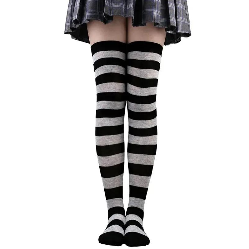 Dijhoge Sokken Dames Gestreept Dames Meisjes Zwart Wit Roze Lang Boven de Knie Sokken Femboy Cosplay Lolita Harajuku Y2K One Size black