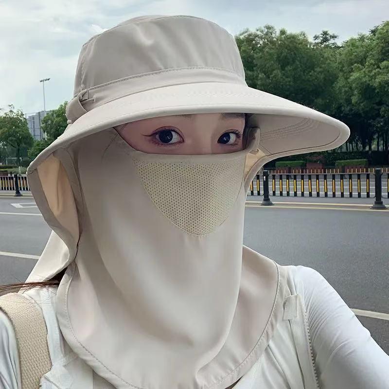 Damen-Sommerhut mit breiter Krempe und UV-Schutz, mit Halstuch und Pferdeschwanz-Bindung