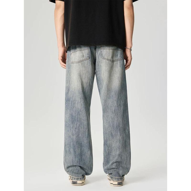 American retro ripped washed straight jeans men's street hip hop trend youth loose and versatile wide-leg trousers