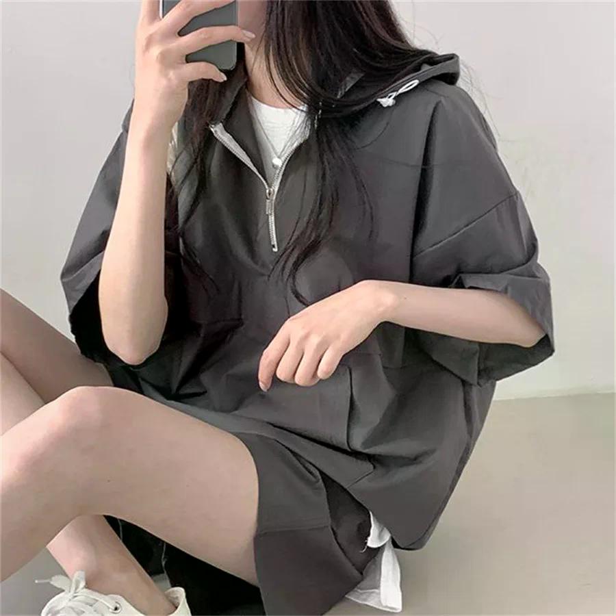 Women's 2 Pieces Sets Sweat Suit Summer Shorts T-shirt Hooded Loose Sports Tracksuit Training Bottom Suit Korean Style