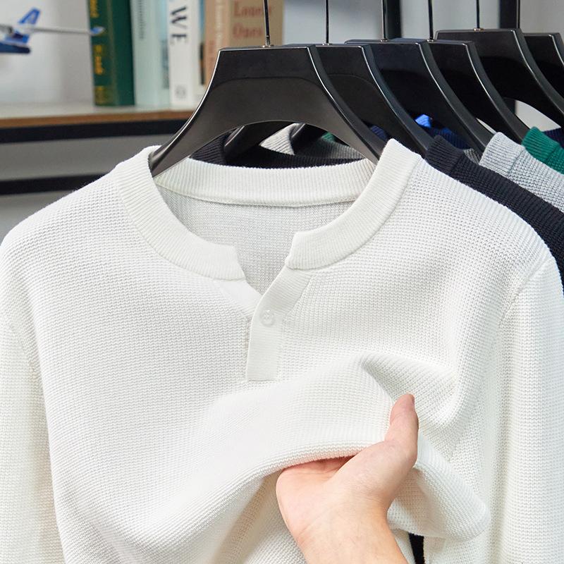 Pure Cotton Collar Long-Sleeved Knitted Sweater Men'S Spring And Autumn Casual Simple Solid Color V-Neck Bottoming Shirt