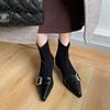 Retro Style Belt Buckle Pointed Elastic Short Boots Flat Heel Rear Zipper Single Boots Autumn and Winter New Fashion Women's Boots
