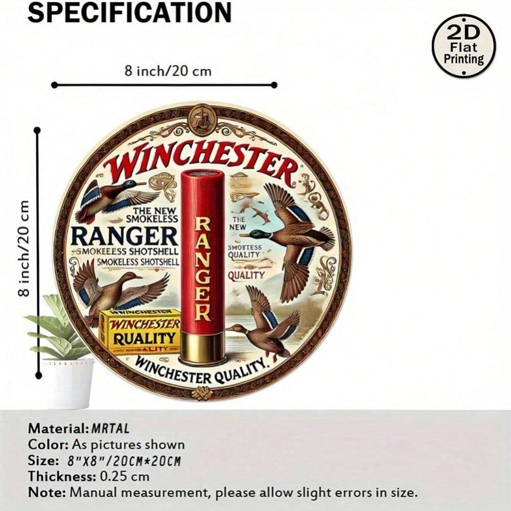 Vintage Duck Hunting Tin Sign 8x8 Inch Round Metal Wall Art, Winchester Shotshell Design Weather Resistant Iron Plaque