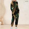 Women Plus Size Black Green Gold Printed Scrub Set V Neck Long Sleeve Pocket Top And Long Pants
