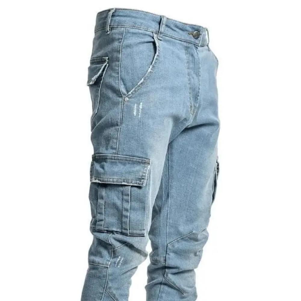 Jeans Uomo Pantaloni Uomo Lavaggio Vecchio Monocolore Multi Tasche Pantalone in Denim Vita Media Cargo Jean Maschile Slim Pantaloni Casual