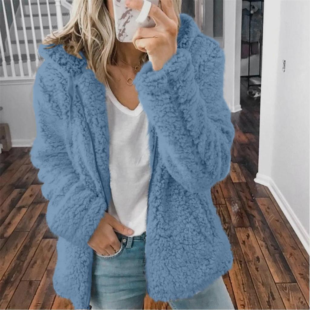 Damenmode, einfarbige Jacke, lange Ärmel, Reißverschluss, Kapuze, Plüschmantel