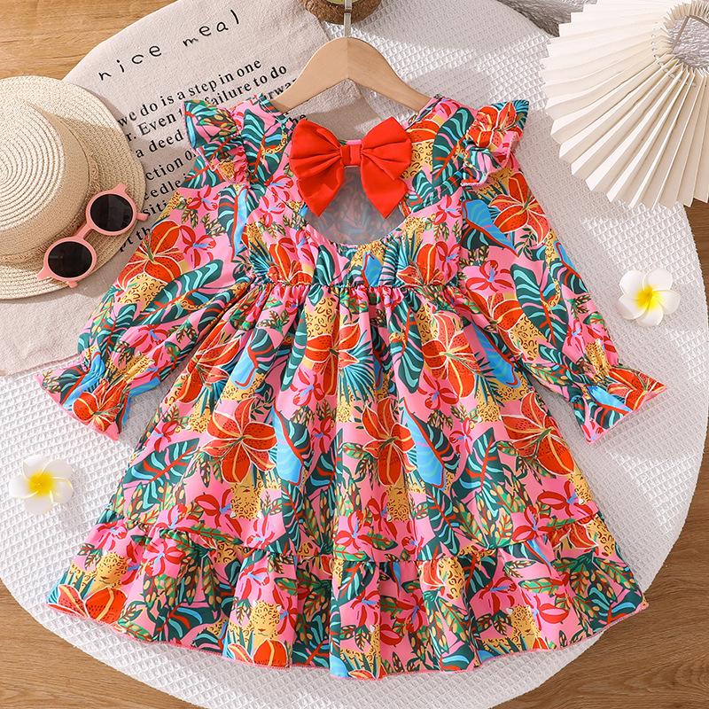 Girls Dress Children's Clothing Autumn New Long Sleeve Printed Back Bow Princess Dress