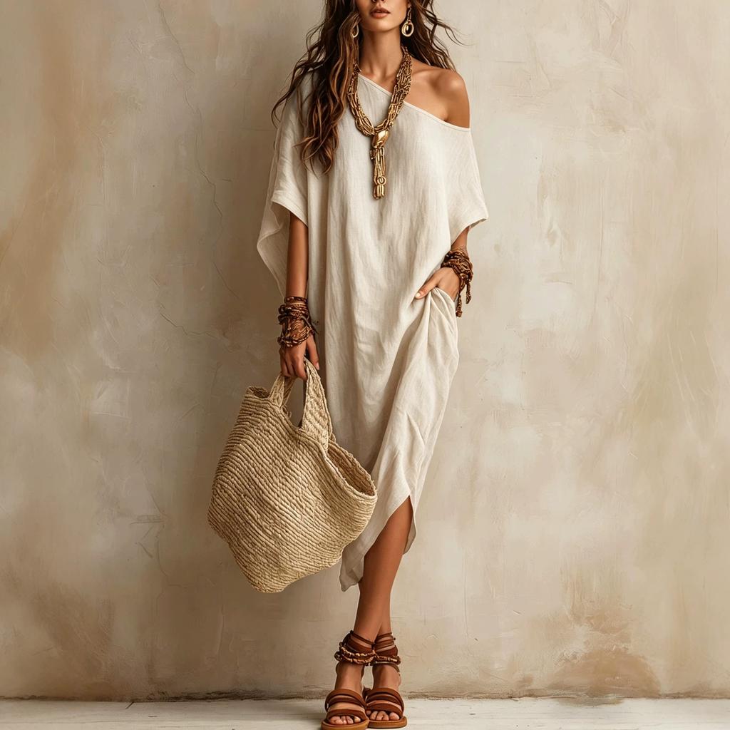 Dámské jednobarevné off-shoulder maxi šaty s netopýřími rukávy a rozparkem, volné, lněné, boho, na dovolenou, dlouhé šaty