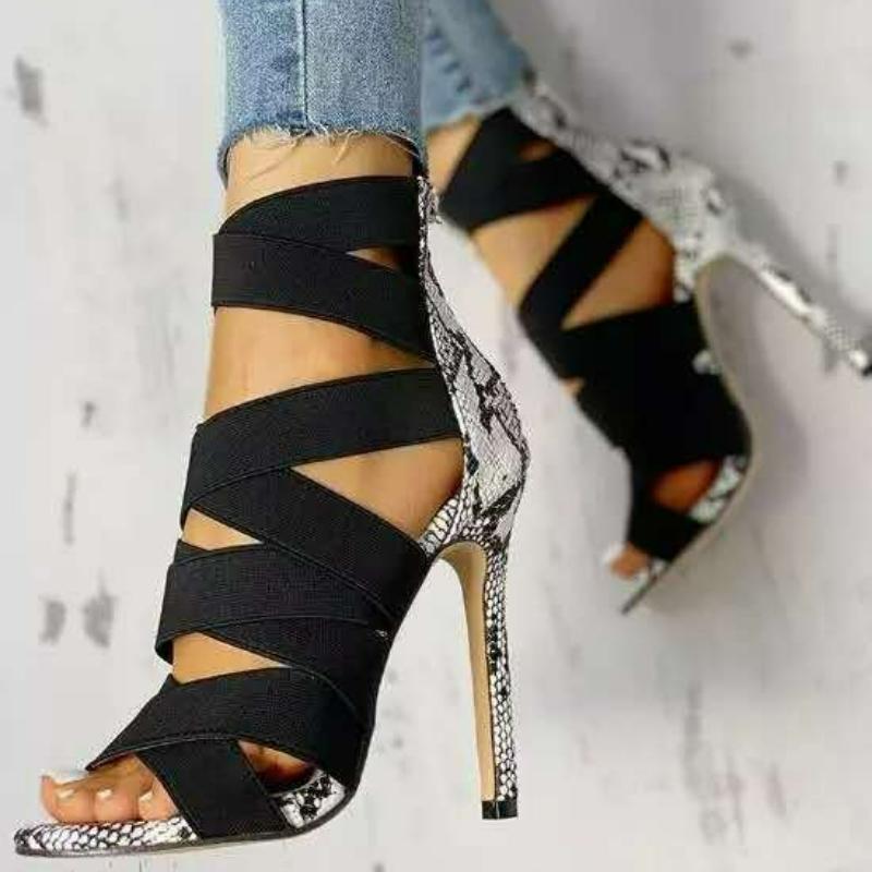 Women Pumps Snake Pattern High Heels Roman Pointed Toe Women's Shoes Back Zipper Thin Heel Sandals Fashion Elastic Casual Shoes