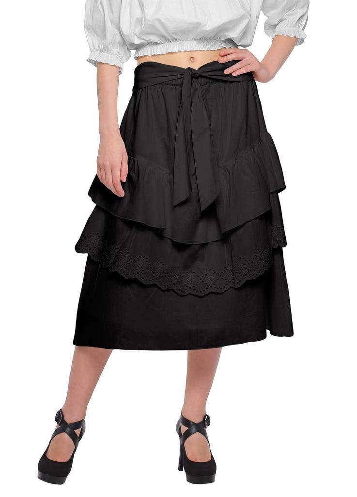 Moomaya Solid Cotton Skirts For Women Knee Length With Lace Belt Ruffle