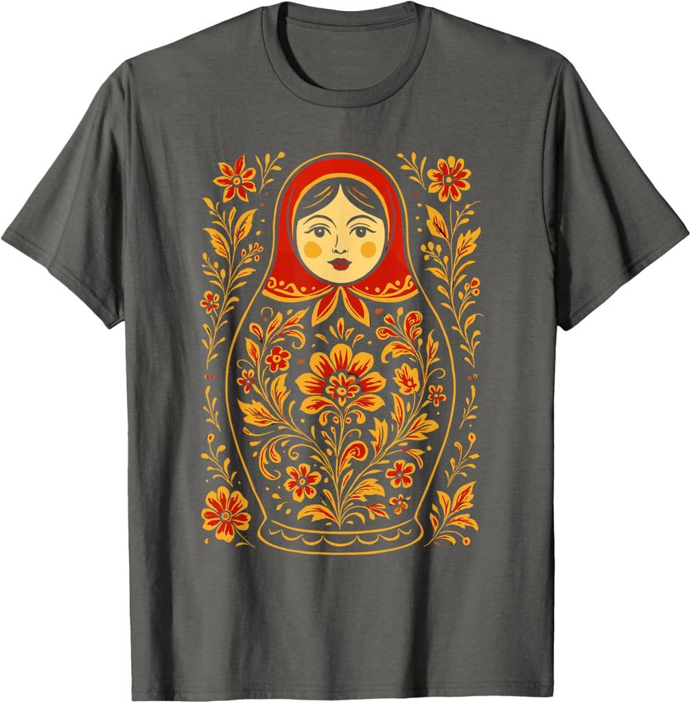 Matryoshka Doll Floral Print Graphic Tee Russian Nesting Folk Art Casual Cotton T-Shirt