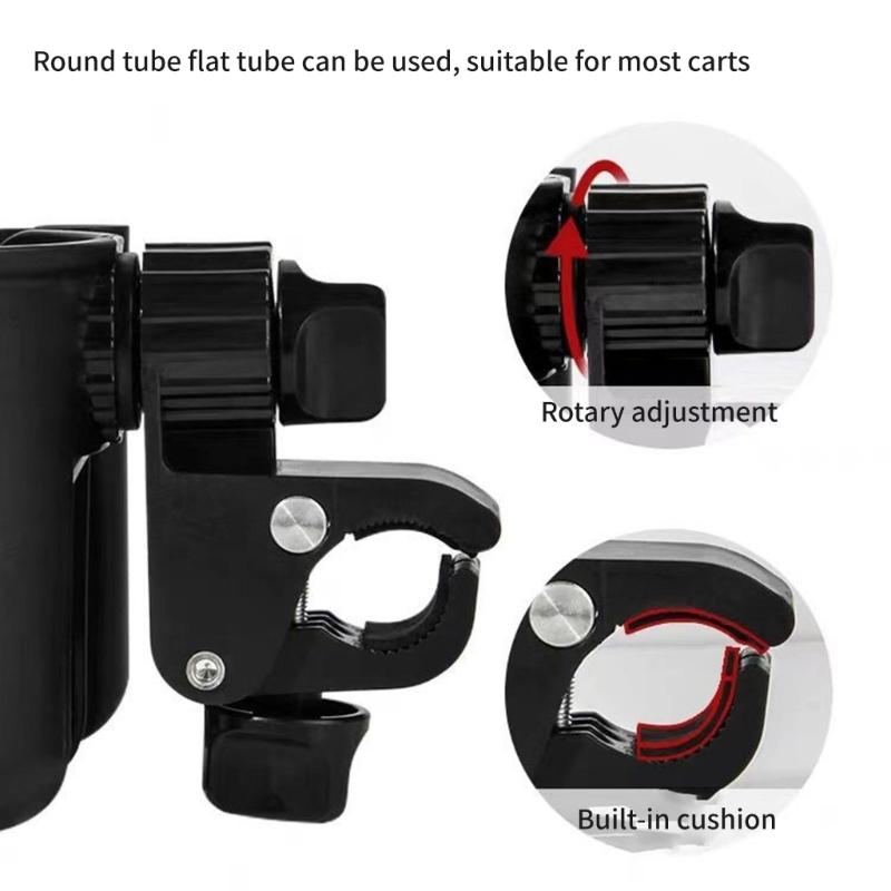 Multipurpose Cup Holder Organsier Phone Mount Slot for Baby Strollers Wheelchairs Bikes with 360 Degree Swivel Design