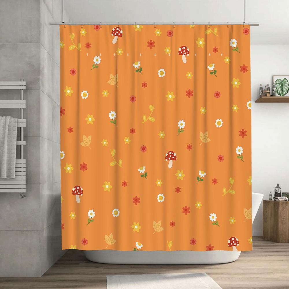 Färgglatt svamp- och blommig duschdraperiset för badrumsinredning Orange tryck Duschdraperier Vattentät badkarsliner Heminredning