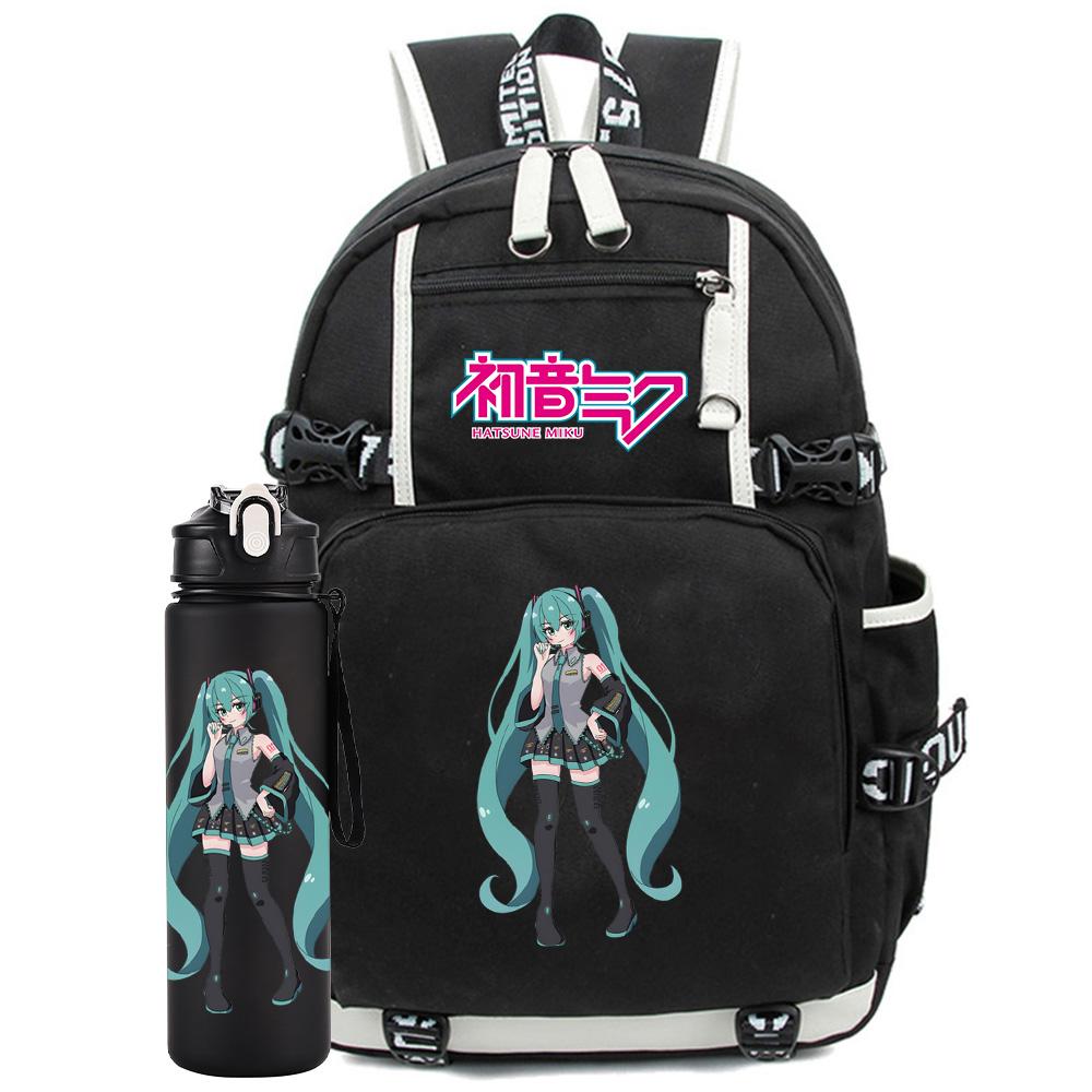 2 stuks/set Anime Hatsune Miku Bedrukte Rugzak met 750 ml Waterfles voor Tiener Student Meisje Jongen Grote Capaciteit Waterdichte Boekentas Cadeau