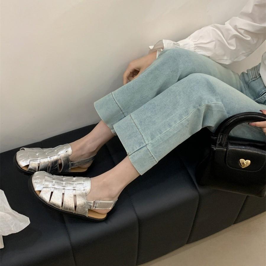 Baotou half slippers 2025 summer new outer wear woven hollow women's muller shoes leather square head retro Roman sandals