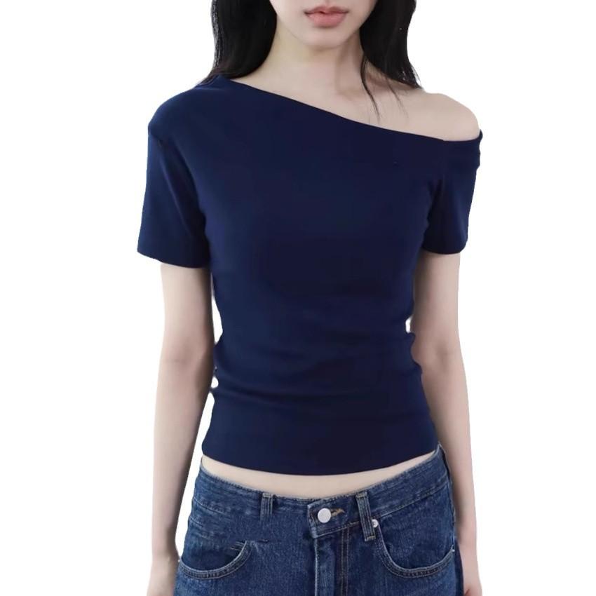 Slant Off-the-shoulder Pure Desire Royal Sister Fried Street Short-sleeved T-shirt Female Sexy Style White Slim-fitting Versatile Front Shoulder Top