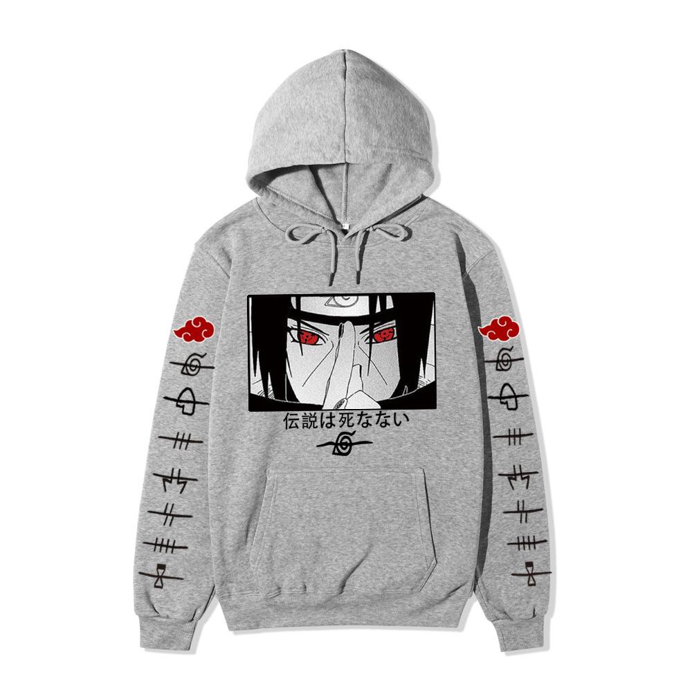 Anime Naruto Itachi Uchiha Hoodie Double Sleeve Akatsuki Cloud & Symbol Print Sharingan Character Front Print Pullover Sweatshirt Men Women Streetwear