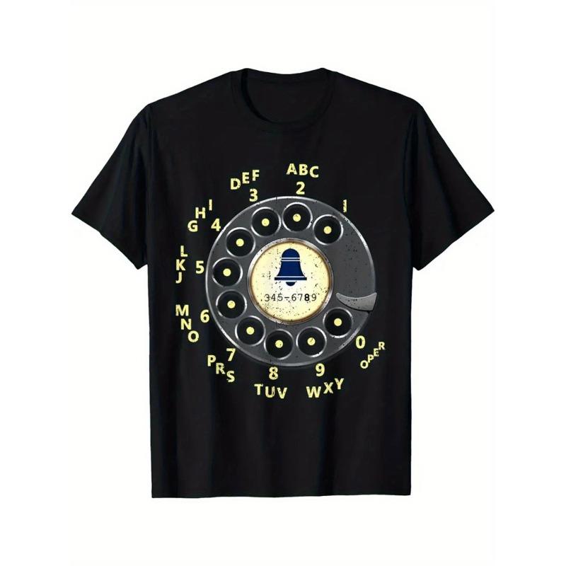 

European Size Cotton, Retro Dial Phone Print T-Shirt, Seasonal Casual And Trendy T-Shirt, Round Neck High Street Pure Cotton Short-Sleeved T-Shirt 4XL чорний
