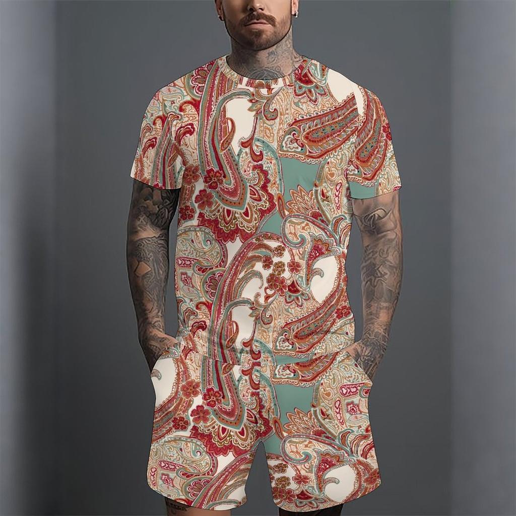 Men Full Black White Paisley Bandana Print Short Sleeve Tee And Matching Shorts Two Piece Outfit