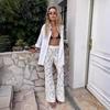 Spring Summer New Women's Jacquard Flared Pants, Lace Flower Hollow Out High Waist Slimming Micro Flared Trousers, European American Style