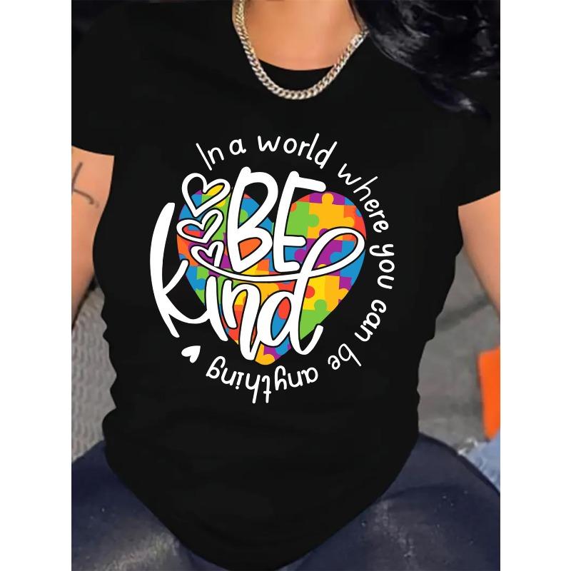 

European sizes Women S Be Kind Graphic T-Shirt Loose Fit Short Sleeve Round Neck, Colorful Inspirational Message with Umbrella Hem 4XL