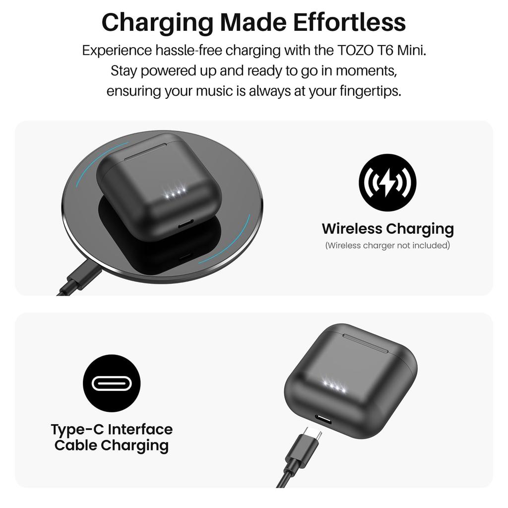 TOZO T6 Bluetooth Wireless Earbuds, Noise Cancelling, IPX8 Waterproof, Automatic Pairing, Separate Left and Right Earbuds, Touch Control, Bluetooth