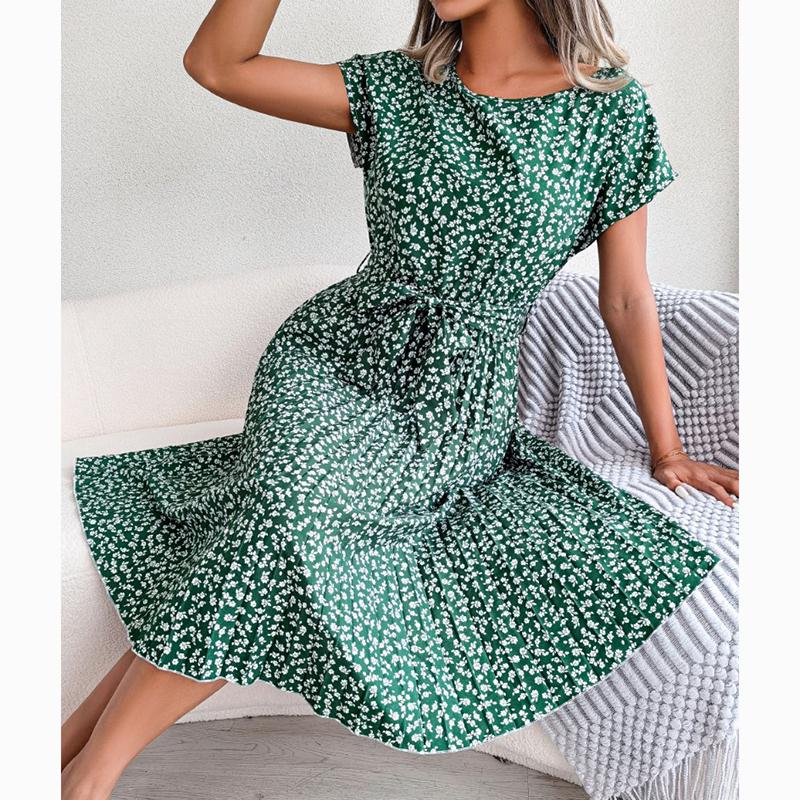 New Summer Short Sleeve Casual Dress Women Sexy Floral Print Pleated Dress for Women Summer High Waist A Line Loose Dresses 24116