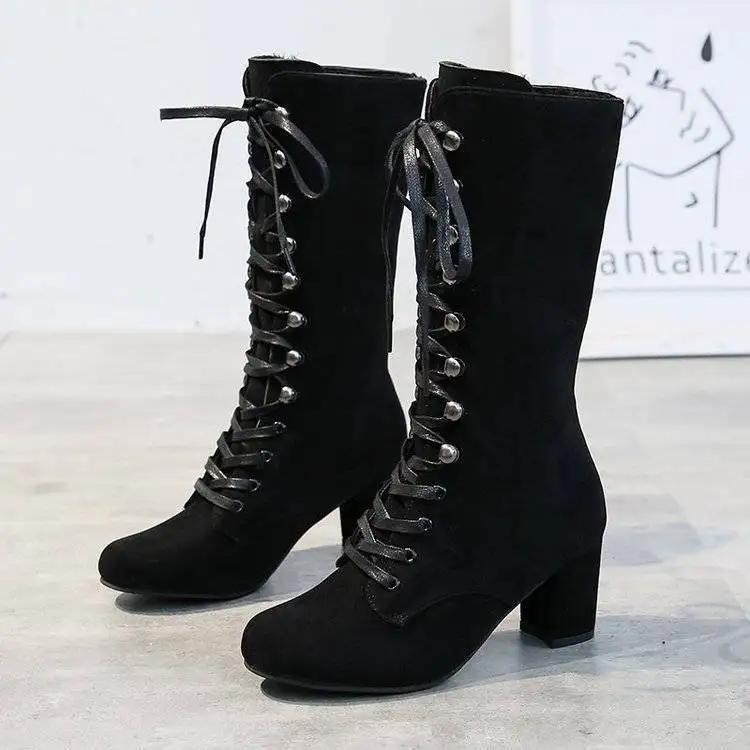 Footwear Cosplay Elegant Heeled Ladies Boots High Heels Shoes for Women Lace-up with Laces Mid Calf Blue Half Platform Chic Boot