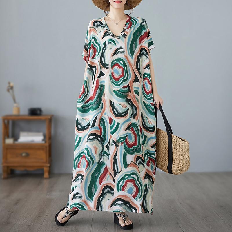 Dimanaf 2024 Plus Size Dress Women Summer V-Neck Sundress Bohemian Floral Print Elegant Lady Loose Oversize Maxi Dress