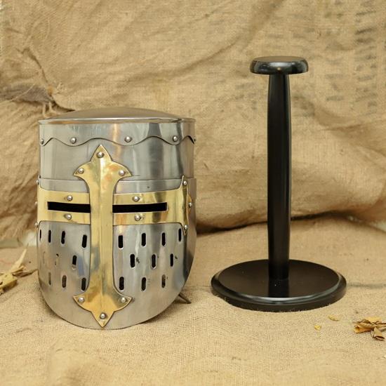 

Handmade Crusader Great Helm Steel Knight Helmet with Brass Cross
