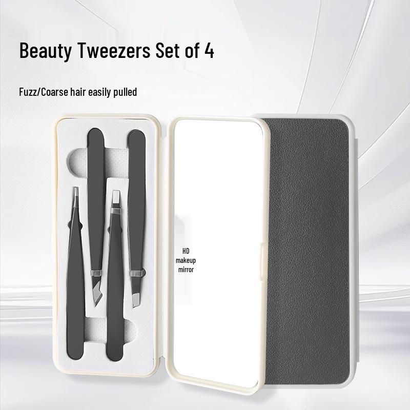 

Exquisite 4-Piece Eyebrow Trimming Set with Mirror: Multi-Purpose Tweezers for Plucking Facial Hair, Flat and Angled Tips.
