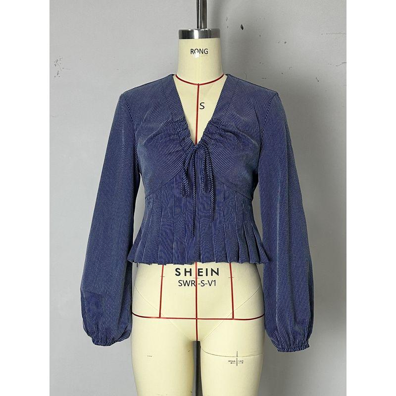 

Fashion Wind New Fashion Casual Pure Color Ruched Sexy V-neck Long Sleeve Shirt Ruffled V-neck Top Navy XL