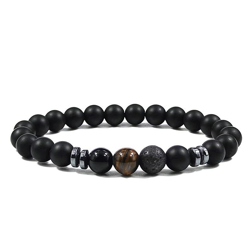 Unisex Tiger Eye  Volcanic Stone Elastic Bracelet - Natural Stone Jewelry for Couples 8MM 18.5-19CM