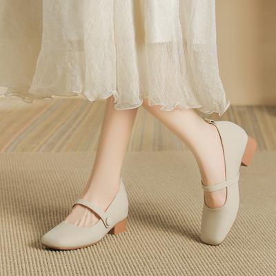 Scarpe singole in pelle di pecora di Hong Kong da donna con tacco medio, nuove per la primavera e l'autunno 2024, punta quadrata, tacco spesso, colori retrò a contrasto, suola morbida in pelle da donna