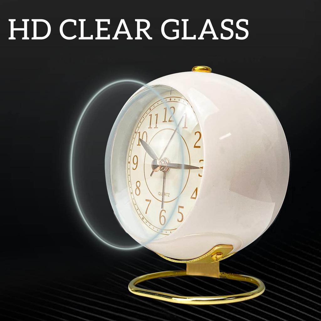JUSTUP Mini Table Clock, Classic Silent, No Tick-a-Mouth, Analog Alarm Clock, Backlit, HD Glass, for Bedroom, Living Room, Kitchen, Home Decor (White)