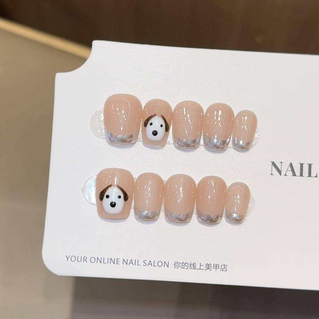 Hand-painted Cartoon Puppy Hand-worn Nail Magic Mirror French White Nude Simple Nail Patch Fake Nails