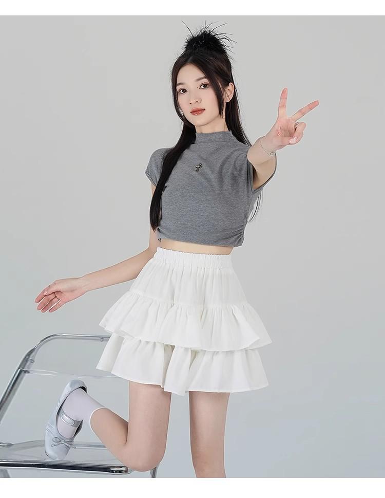 Women's White Ruffle Puff Cake Dress - Ballet Style, High Waist, Petite A-Line Midi Skirt