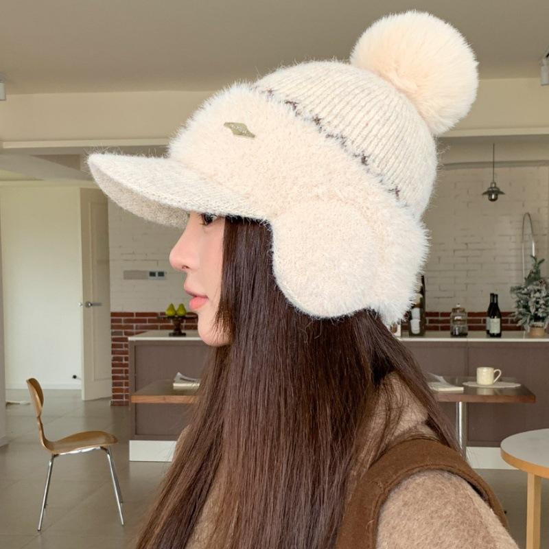 Autumn and Winter Thickened Ear Bag Rabbit Fur Baseball Bag Head Hat Women's Versatile Casual Ear Protection Fleece Knitted Cap
