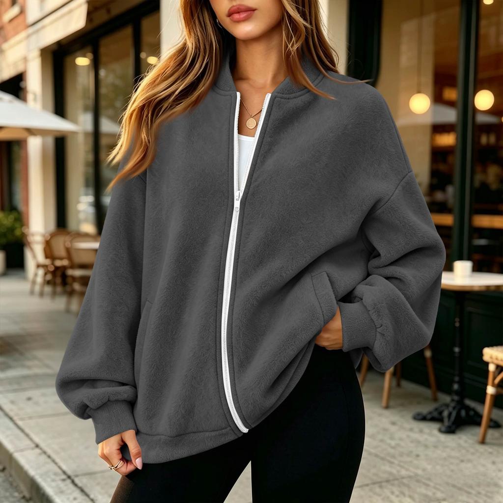 Women's Thermal Baseball Collar Zip Up Jacket Color Loose Fit