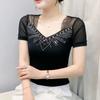 New European Sweet Women's Clothes T-shirt Chic Shiny Hot Diamonds Mesh Tees Sexy Square Neck Short Sleeve Female Summer Tops