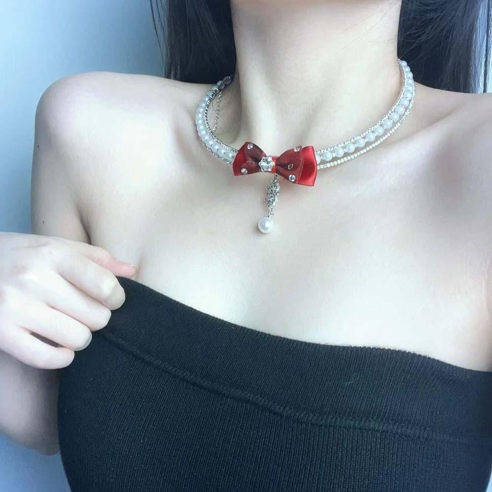 Tassel Pearls Rhinestone Choker Silver Shiny Neck Jewelry Personalized Bow Beads Necklace  Bride