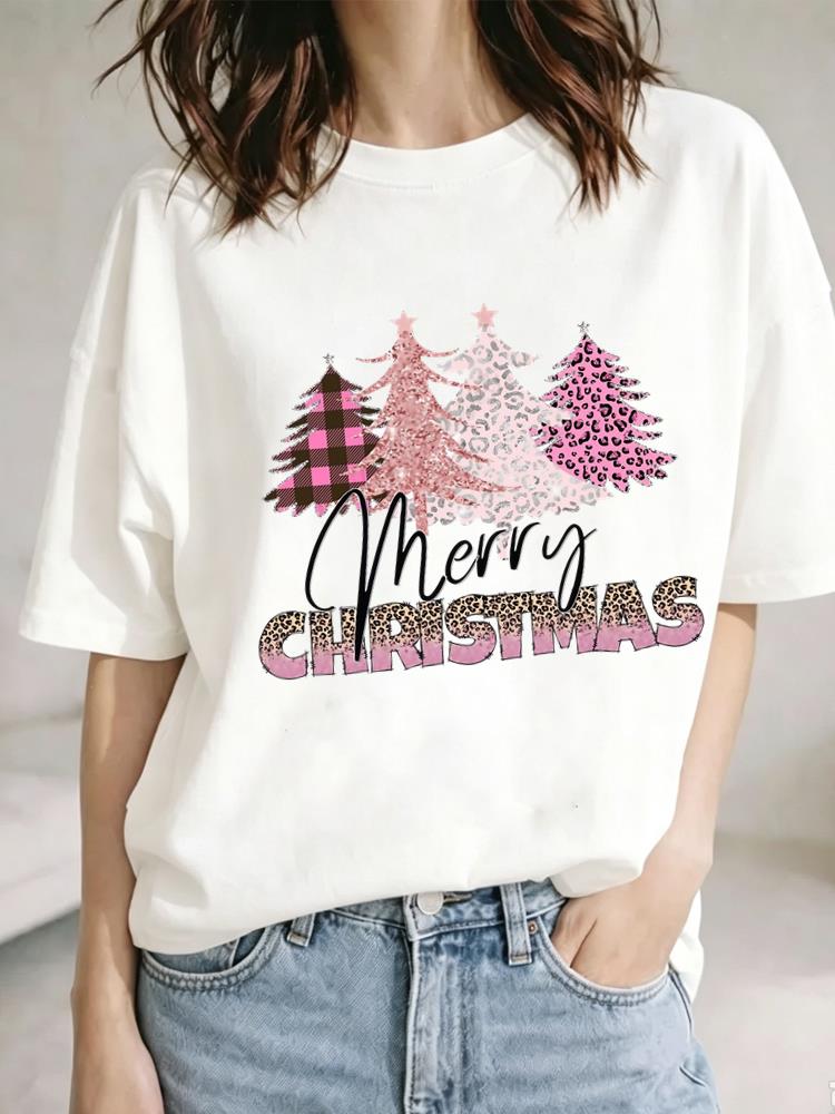 (Asian Size) watercolor sweet cute Christmas Festival Tee Clothing New Year T Shirt Women Fashion Top Print Woman Short Sleeve Graphic T-shirts