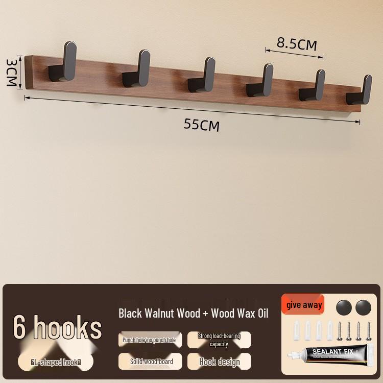 No-Drill Solid Wood Wall-Mounted Clothes and Hat Hook for Entrance or Hallway