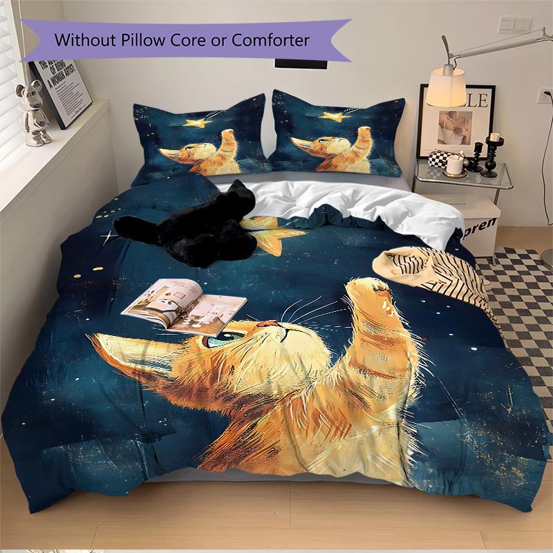 3Pcs Celestial Kitty Printed Bedding Set, Breathable And Soft,(Includes 1 Duvet Cover And 2 Pillowcases, Quilt Not Included) yy250815190